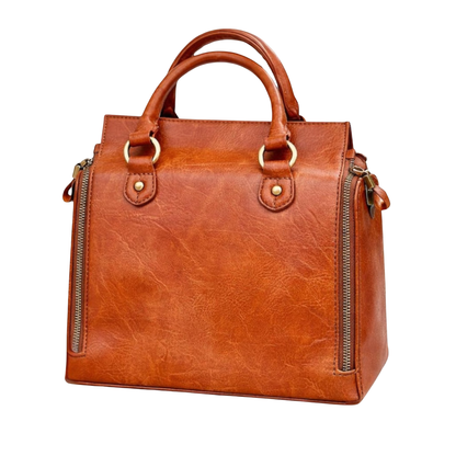 Vintage Brown Leather Handbag for Women – Elegant Structured Satchel with Dual Zippers & Top Handles