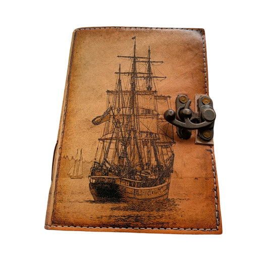 UV PRINT of Sailing Ship boat Journal Notebook Book of Shadows Genuine Leather Journal, Gift for Women and Men Handmade 200 Deckle Edge Paper