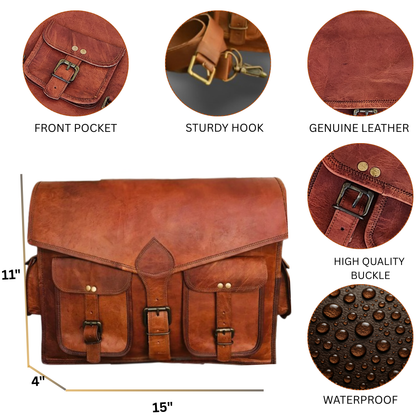 15" Goat Leather Messenger for Men Women Travel Laptop Crossbody Satchel Bag School College Shoulder Brown Vintage Bag Best Christmas Gift
