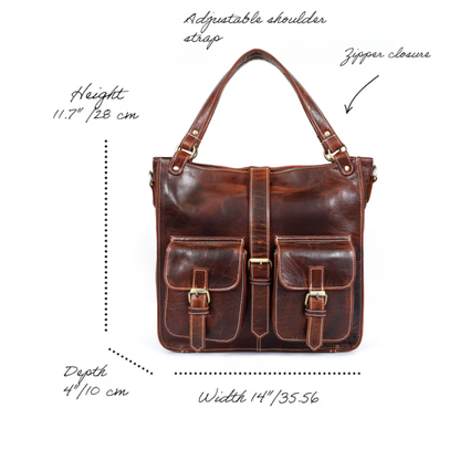 Premium Genuine Leather Shoulder Tote Bag for Women – Vintage Crossbody Handbag with Front Pockets | Everyday Work & Travel Bag