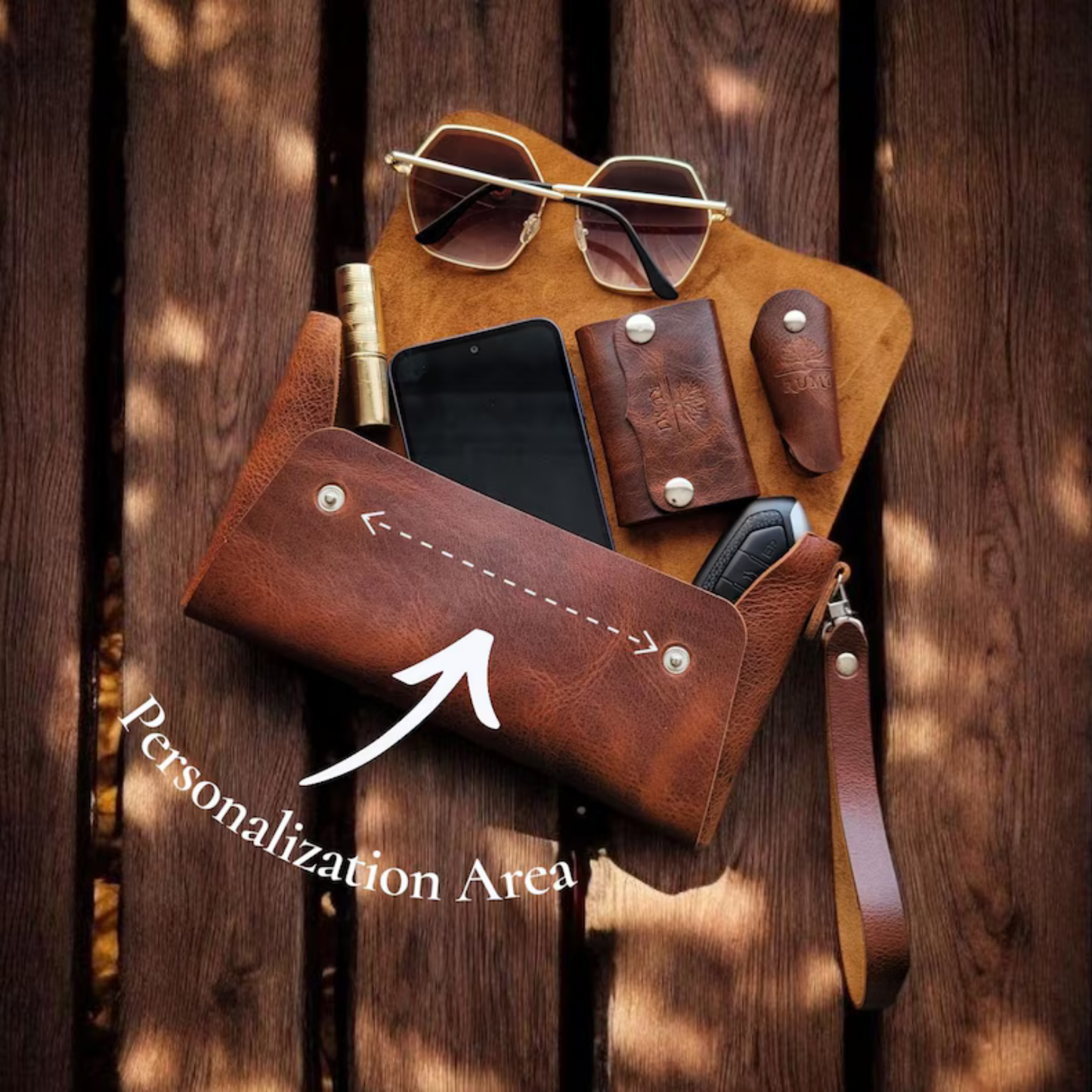 Personalized Leather Wrist Bag for Her – Custom Engraved Clutch Purse, Valentine’s Day Gift for Girlfriend, Wife, or Mom