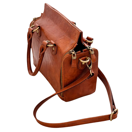 Vintage Brown Leather Handbag for Women – Elegant Structured Satchel with Dual Zippers & Top Handles