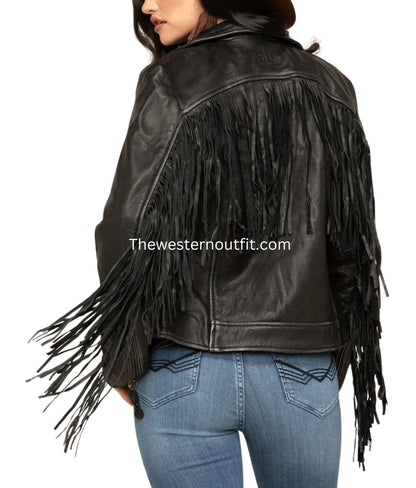 The Prastara Women Alison Black Fringe Leather Jacket