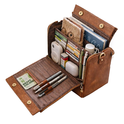 Vintage Brown Leather Handbag for Women – Elegant Structured Satchel with Dual Zippers & Top Handles
