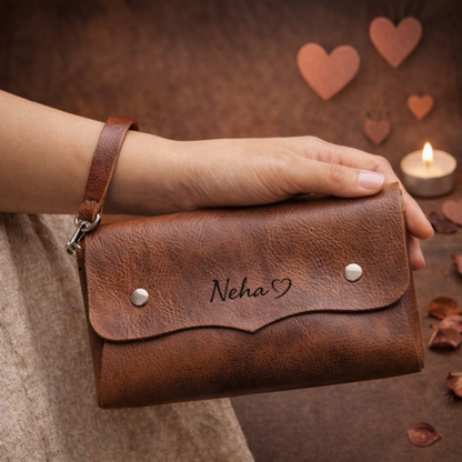 Personalized Leather Wrist Bag for Her – Custom Engraved Clutch Purse, Valentine’s Day Gift for Girlfriend, Wife, or Mom