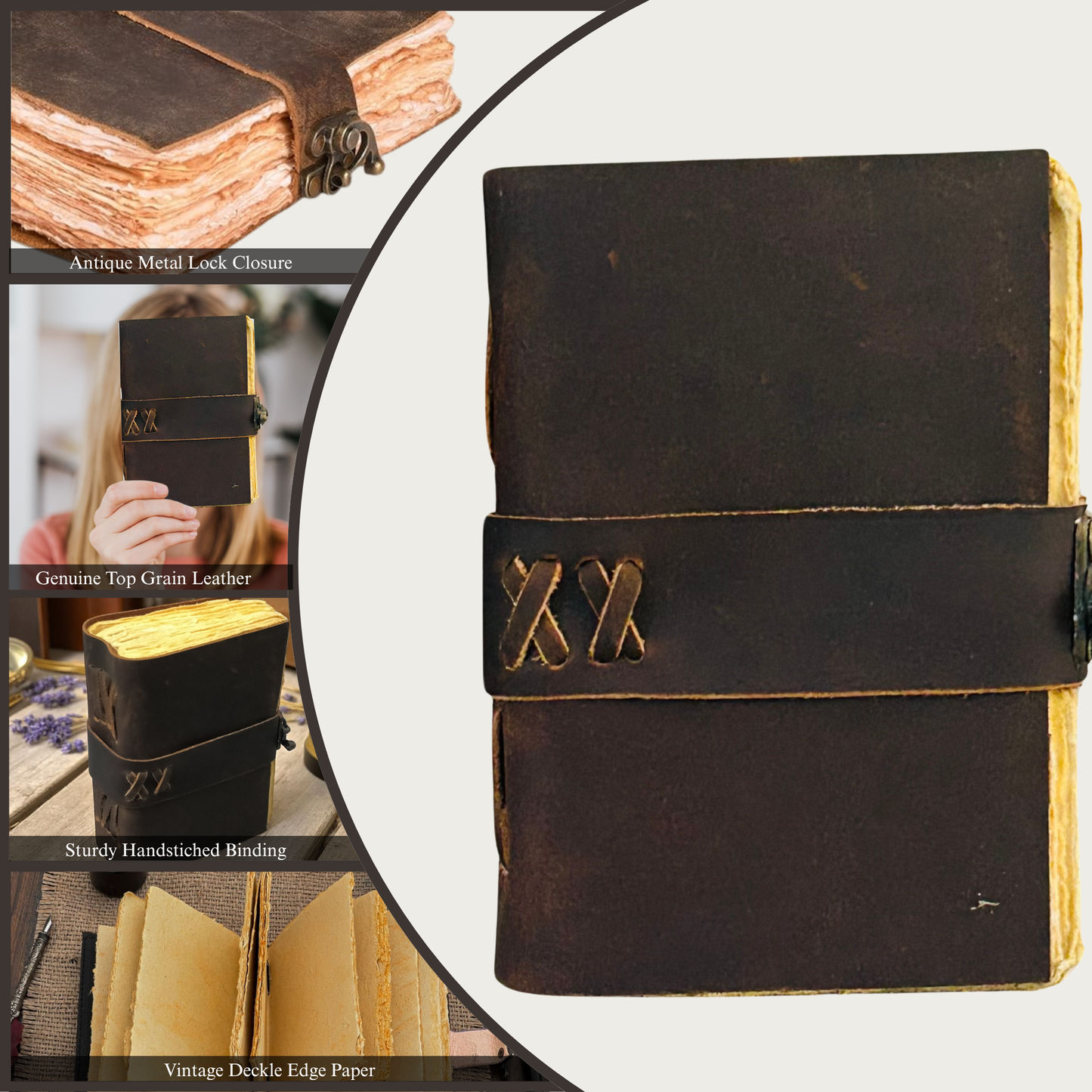 Vintage Leather Journal - 200 Pages Deckle Edge Rustic Paper - Unlined Pages Book of Shadows, Grimoire, Junk Notebook