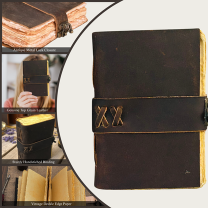 Vintage Leather Journal - 200 Pages Deckle Edge Rustic Paper - Unlined Pages Book of Shadows, Grimoire, Junk Notebook