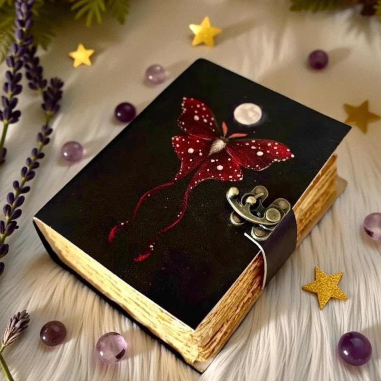 Mushroom moth Journal with Lock Clasp Vintage Handmade Leather Luna Moths and Morpho Butterfly Print Diary Prayer Pagan Witchcraft Supplies Wiccan Decor Notebook Daily (6x4) inch (Copy)