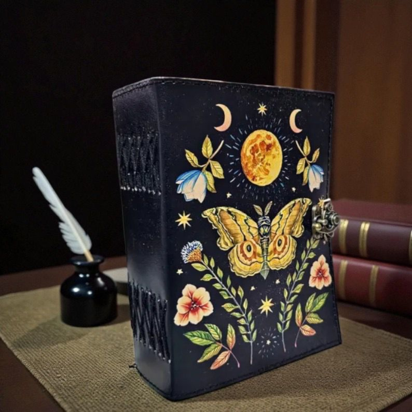 Vintage Butterfly Leather Journal Writing Notebook Sketchbook Blank Spell Book 200 deckle edge handmade paper