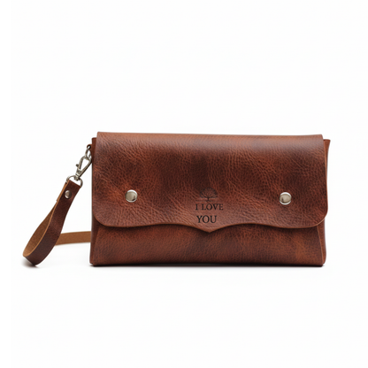 Personalized Leather Wrist Bag for Her – Custom Engraved Clutch Purse, Valentine’s Day Gift for Girlfriend, Wife, or Mom