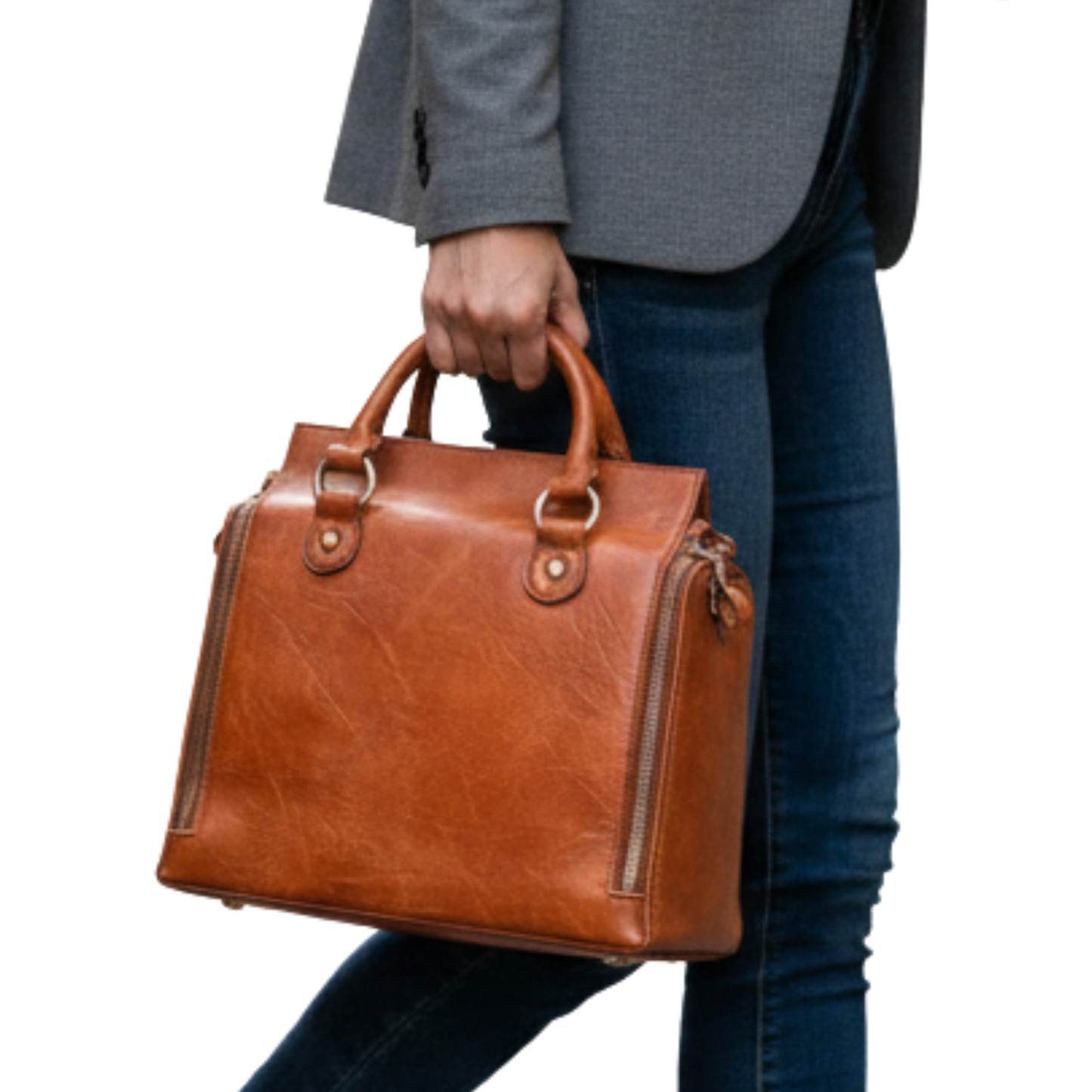 Vintage Brown Leather Handbag for Women – Elegant Structured Satchel with Dual Zippers & Top Handles