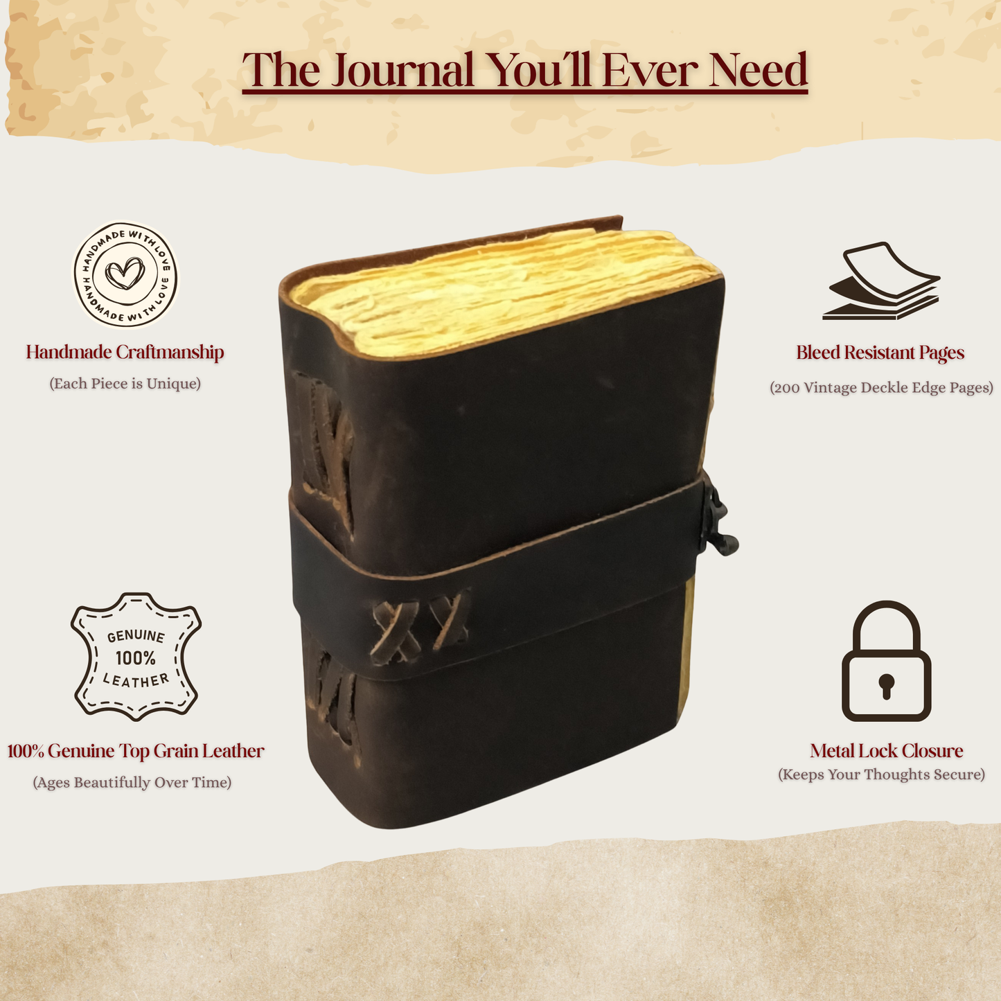 Vintage Leather Journal - 200 Pages Deckle Edge Rustic Paper - Unlined Pages Book of Shadows, Grimoire, Junk Notebook