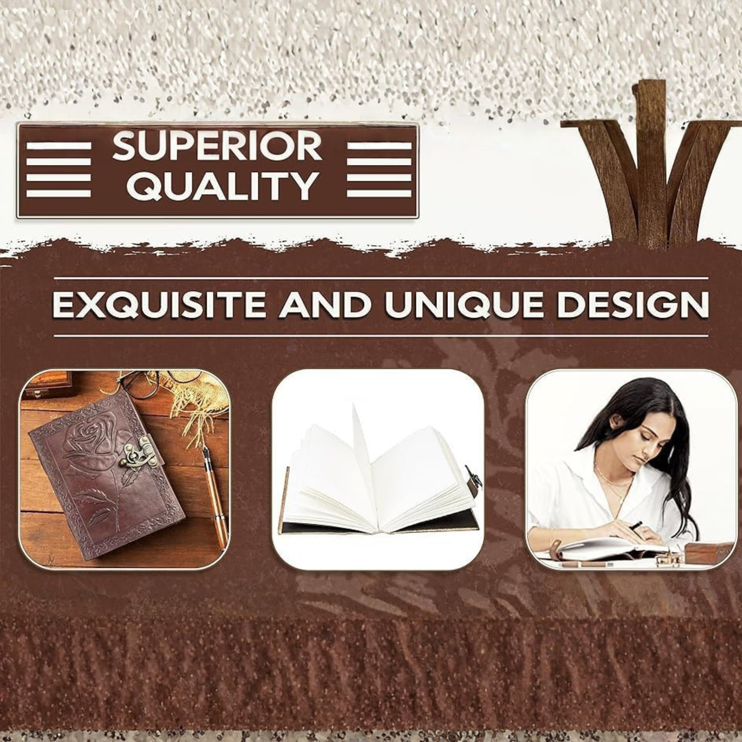 Handmade Leather Bound Journal Vintage Writing Notebook For Women and Men with Lock & Engraved Rose