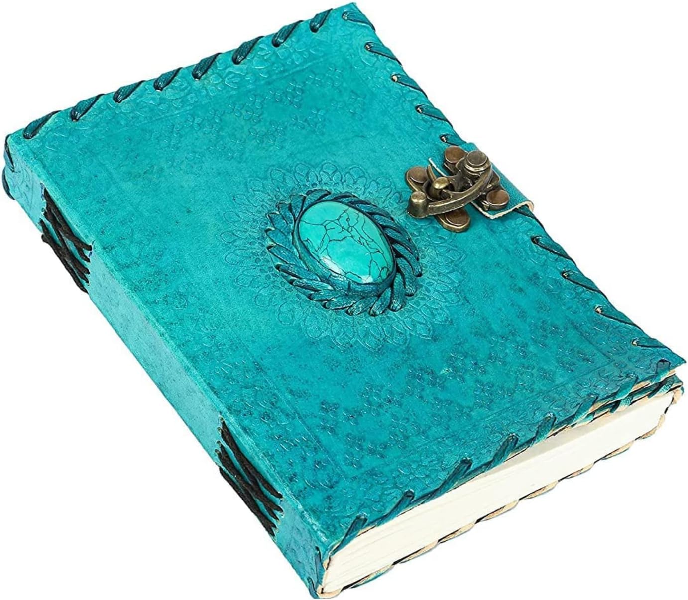 Leather Journal Large Writing Notebook Handmade Bound Vintage Journal For Women & Men with Lock/Semi-Precious Stone Gift For Art Sketchbook (7 x 5 Inches)