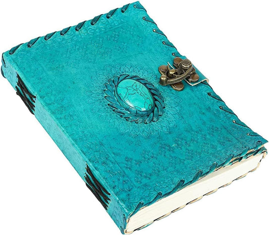 Leather Journal Large Writing Notebook Handmade Bound Vintage Journal For Women & Men with Lock/Semi-Precious Stone Gift For Art Sketchbook (7 x 5 Inches)
