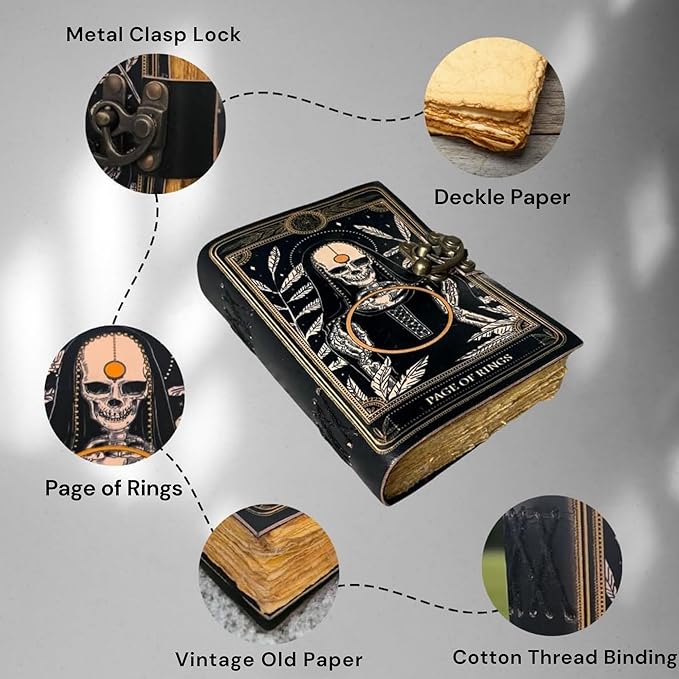 Book of Spell Leather Journal  Halloween Decorations Decor, Grimoire Printed Diary Notebook  Vintage Christmas Gift for Men & Women (Page of Rings)