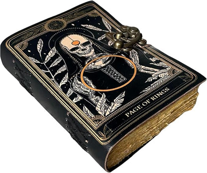 Book of Spell Leather Journal  Halloween Decorations Decor, Grimoire Printed Diary Notebook  Vintage Christmas Gift for Men & Women (Page of Rings)