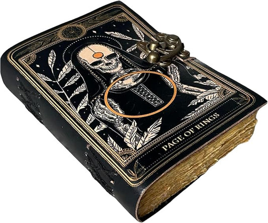 Book of Spell Leather Journal  Halloween Decorations Decor, Grimoire Printed Diary Notebook  Vintage Christmas Gift for Men & Women (Page of Rings)