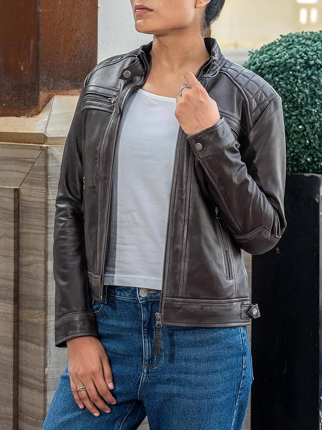 The Prastara Jild Quilted Design Leather Jacket Women
