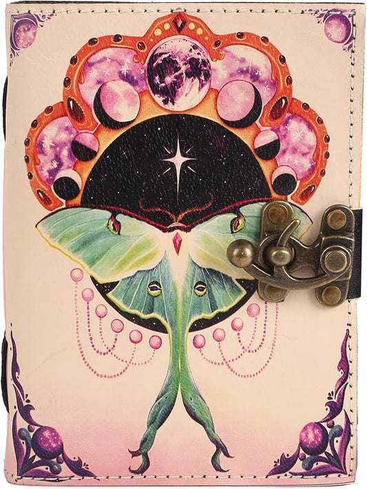 Book of Spells Leather Bound Journal Deckle Edge Paper Grimoire Printed Diary Third Eye witchcraft supply and Witch Spell Notebook Antique Vintage Book for Men and Women (Pink Luna Moth)