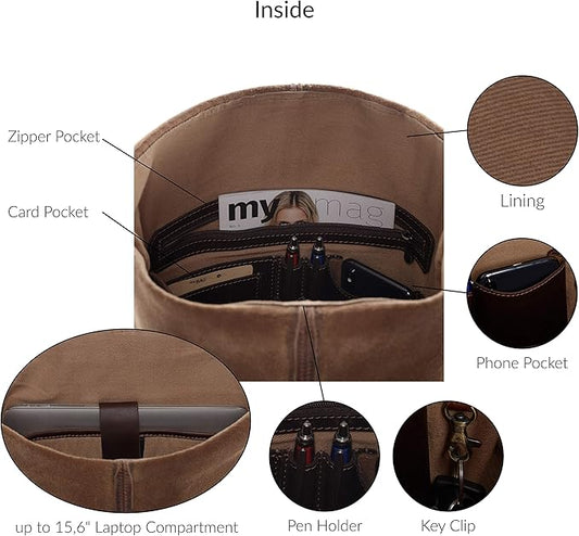 The Prastara SID & VAIN Rolltop Jay 15 Inch Premium Leather Backpack for Men Laptop Compartment