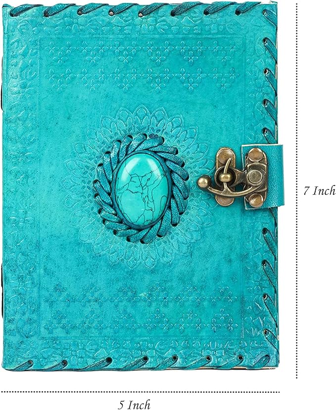 Leather Journal Large Writing Notebook Handmade Bound Vintage Journal For Women & Men with Lock/Semi-Precious Stone Gift For Art Sketchbook (7 x 5 Inches)
