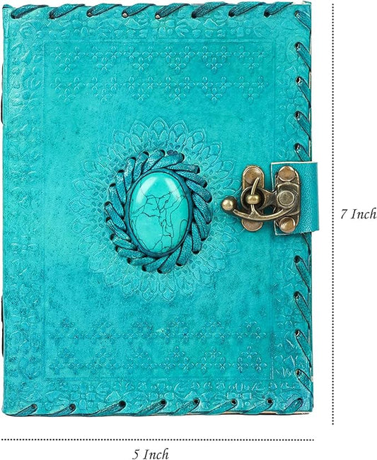 Leather Journal Large Writing Notebook Handmade Bound Vintage Journal For Women & Men with Lock/Semi-Precious Stone Gift For Art Sketchbook (7 x 5 Inches)