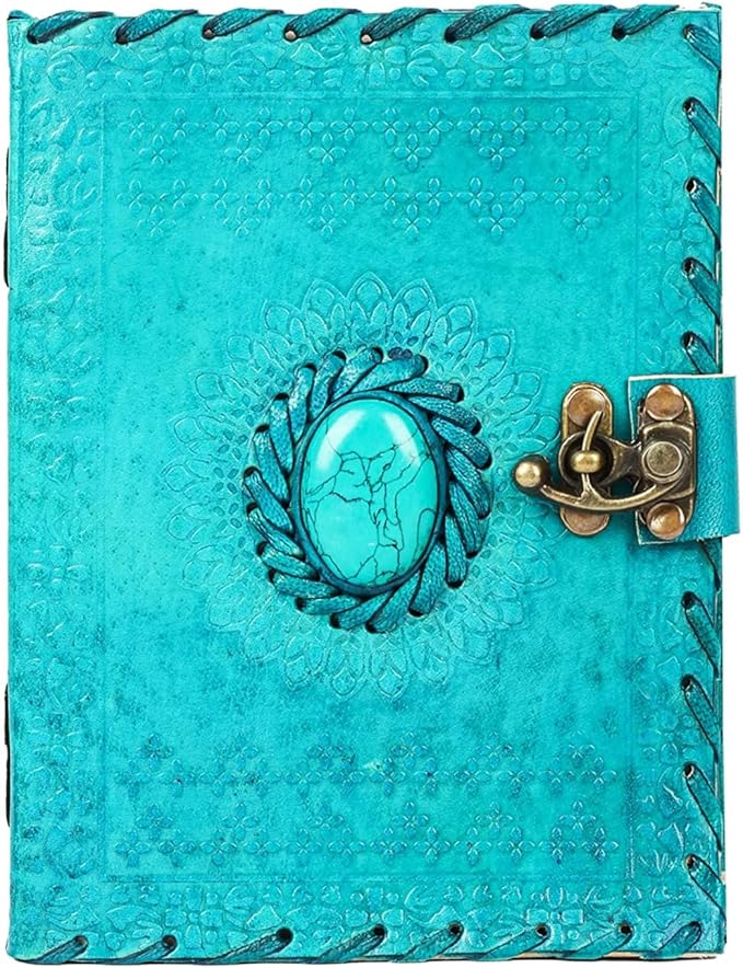 Leather Journal Large Writing Notebook Handmade Bound Vintage Journal For Women & Men with Lock/Semi-Precious Stone Gift For Art Sketchbook (7 x 5 Inches)