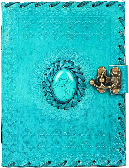 Leather Journal Large Writing Notebook Handmade Bound Vintage Journal For Women & Men with Lock/Semi-Precious Stone Gift For Art Sketchbook (7 x 5 Inches)