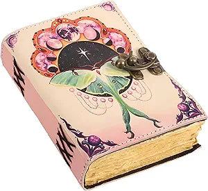 Book of Spells Leather Bound Journal Deckle Edge Paper Grimoire Printed Diary Third Eye witchcraft supply and Witch Spell Notebook Antique Vintage Book for Men and Women (Pink Luna Moth)