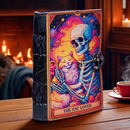 Mystical Cat Leather Journal with Lock: Witchy Spell Book - The Cat Lovers Genuine Leather Journal Witchcraft Supplies, Prayer Pagan, Wiccan Decor, Notebook Diary (5X7 Inch)