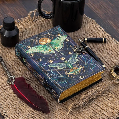 Blank Spell Book of Shadows Journal with Lock Clasp Vintage Handmade Leather Luna Moths and Morpho Butterfly Print Diary Prayer Pagan Witchcraft Supplies Wiccan Decor Notebook Daily (6x4) inch