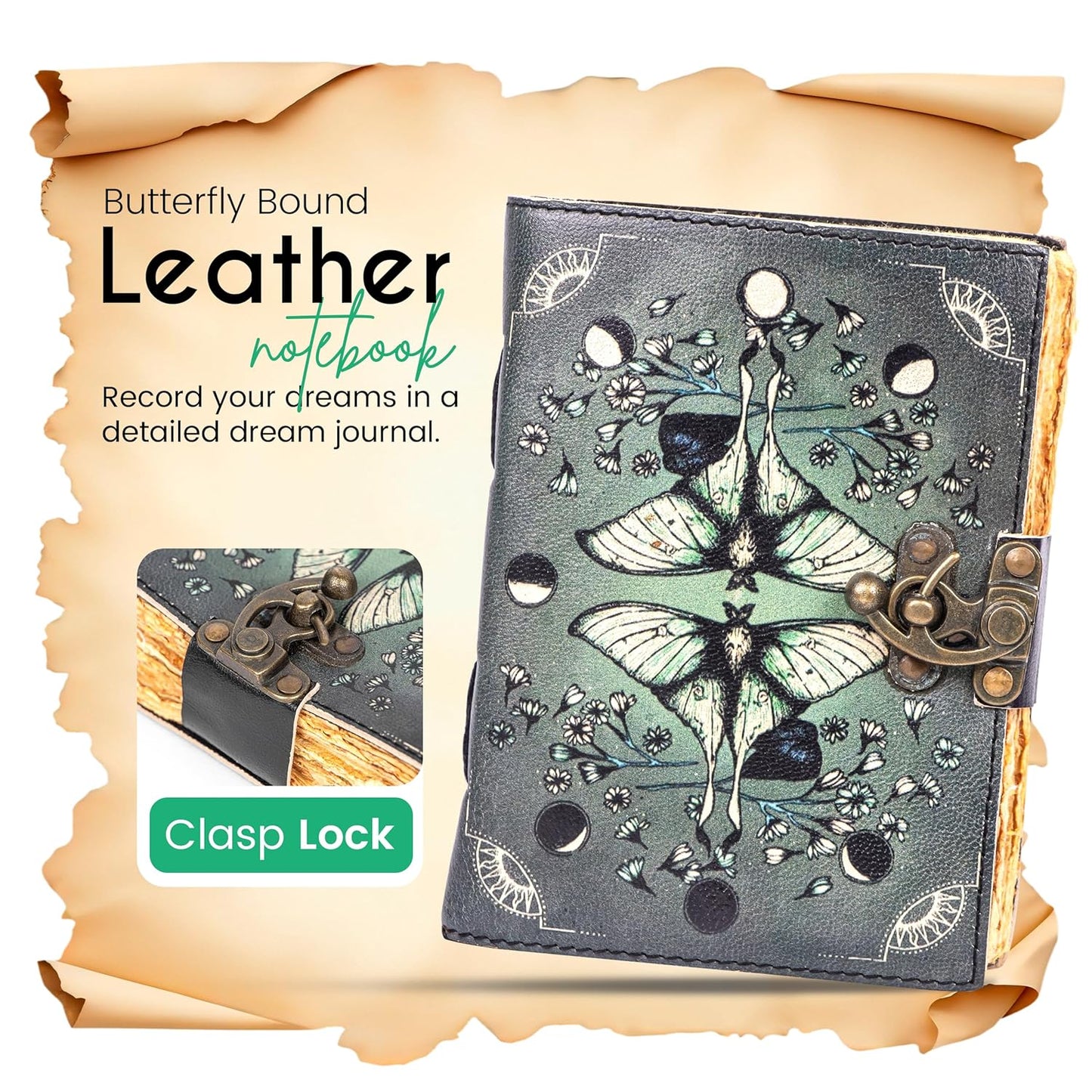 Blank Spell Book of Shadows Leather Journal Diary – Luna Moths and Morpho Butterfly Bound Journal with Clasp Lock – 200 Page Deckle Edge Vintage Notebook for Writing, Home, Office, Travelling