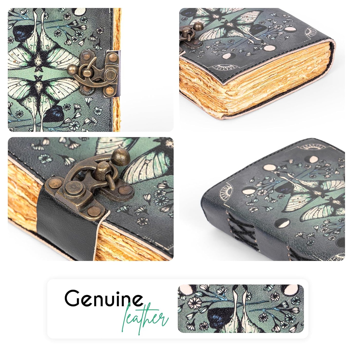 Blank Spell Book of Shadows Leather Journal Diary – Luna Moths and Morpho Butterfly Bound Journal with Clasp Lock – 200 Page Deckle Edge Vintage Notebook for Writing, Home, Office, Travelling
