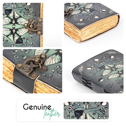 Blank Spell Book of Shadows Leather Journal Diary – Luna Moths and Morpho Butterfly Bound Journal with Clasp Lock – 200 Page Deckle Edge Vintage Notebook for Writing, Home, Office, Travelling