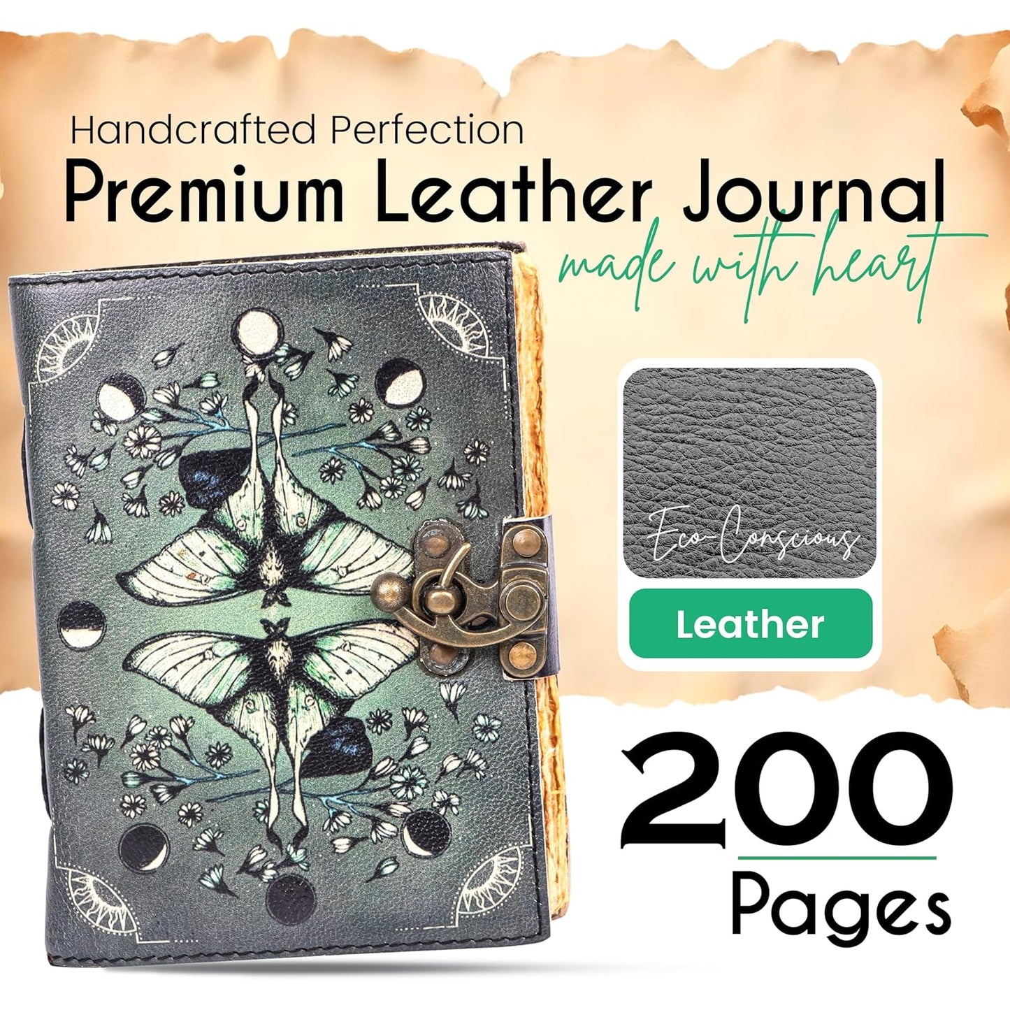 Blank Spell Book of Shadows Leather Journal Diary – Luna Moths and Morpho Butterfly Bound Journal with Clasp Lock – 200 Page Deckle Edge Vintage Notebook for Writing, Home, Office, Travelling