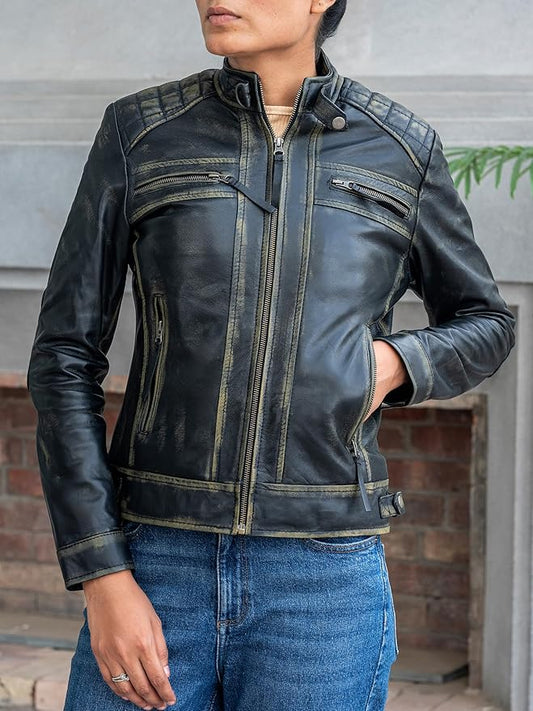 The Prastara Jild Quilted Design Leather Jacket Women