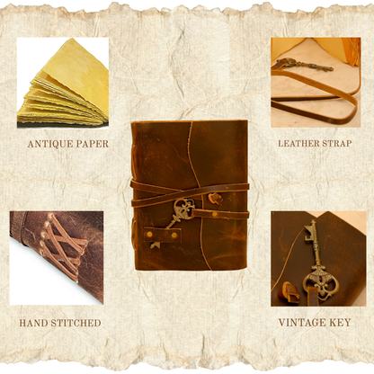 Blank Spell Book of Shadows Journal with Antique Key Strap Lock Vintage Handmade Leather Luna Moths