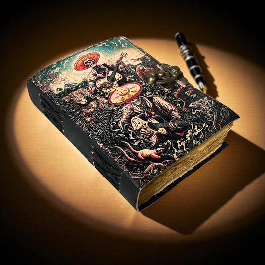 Book of Spell Leather Journal Grimoire WIitchy Deckle Edge Paper, Halloween Decorations Decor, Grimoire Printed Diary Notebook Antique Vintage Christmas Gift for Men & Women (Afterlife Music)