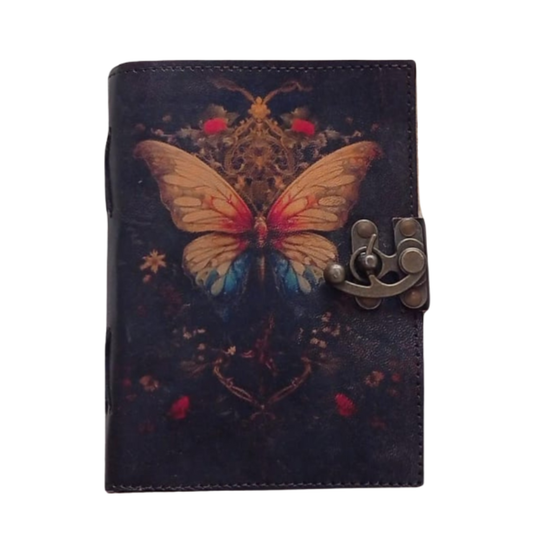 Prastara - Metal Lock Beautiful Butterfly UV Printed Design 7X5" Handcrafted Leather Journal/Diary 200 Pages | 100% Genuine Leather