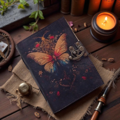 Prastara - Metal Lock Beautiful Butterfly UV Printed Design 7X5" Handcrafted Leather Journal/Diary 200 Pages | 100% Genuine Leather
