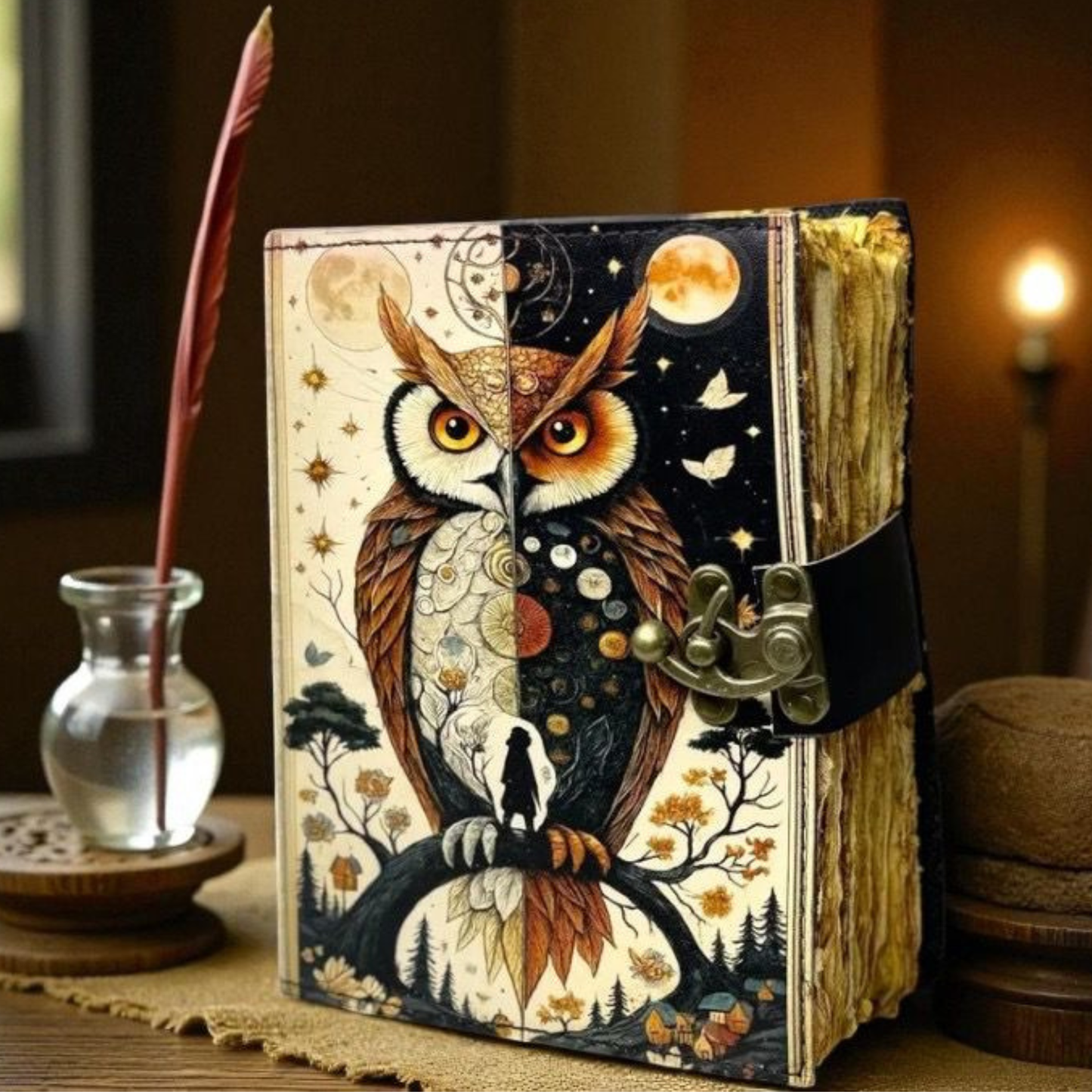 Prastara -Leather Bound Journal - OWL, 7"X5", 600 Pages - Vintage Blank Paper Diary for Writing, Drawing, Sketchbook, and Travel Notebook - Ideal for Women and Men