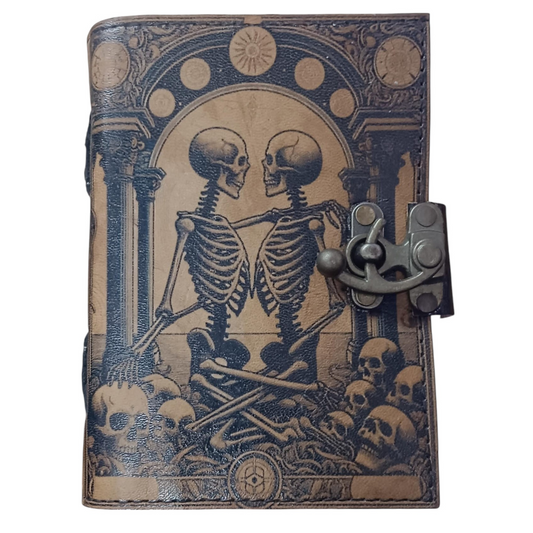 Book of Spells Leather Journal Deckle Edge Paper Grimoire Printed Journal The Lovers Tarot Notebook Spiral Gothic Notebook Skull lover Antique Vintage Leather Journals for Men and Women