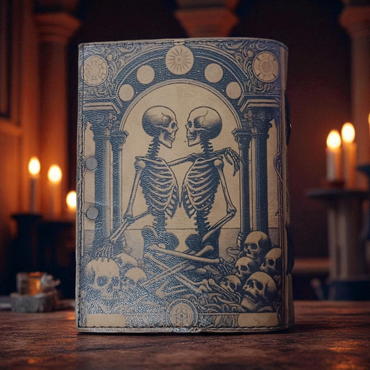 Book of Spells Leather Journal Deckle Edge Paper Grimoire Printed Journal The Lovers Tarot Notebook Spiral Gothic Notebook Skull lover Antique Vintage Leather Journals for Men and Women