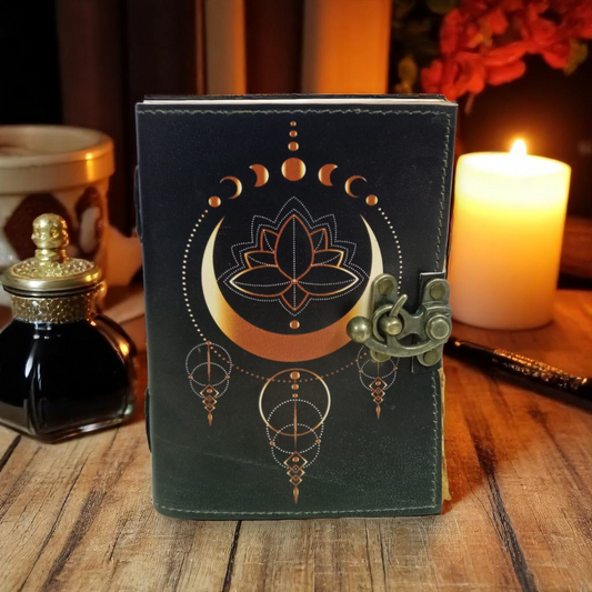Blank Spell Book of Shadows Leather Journal with Vintage Clasp Lock – Crescent Moon Diary with 200 Page Antique Deckle Edge Paper – Wiccan Prayer Journal, Aesthetic Gift for Men & Women
