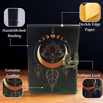 Blank Spell Book of Shadows Leather Journal with Vintage Clasp Lock – Crescent Moon Diary with 200 Page Antique Deckle Edge Paper – Wiccan Prayer Journal, Aesthetic Gift for Men & Women