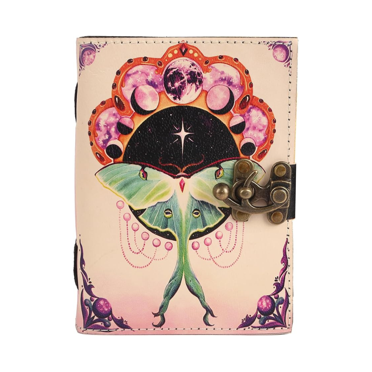 Book of Spells Leather Bound Journal Deckle Edge Paper Grimoire Printed Diary Third Eye witchcraft supply and Witch Spell Notebook Antique Vintage Book for Men and Women (Pink Luna Moth)
