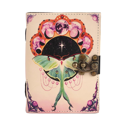 Book of Spells Leather Bound Journal Deckle Edge Paper Grimoire Printed Diary Third Eye witchcraft supply and Witch Spell Notebook Antique Vintage Book for Men and Women (Pink Luna Moth)