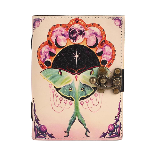 Book of Spells Leather Bound Journal Deckle Edge Paper Grimoire Printed Diary Third Eye witchcraft supply and Witch Spell Notebook Antique Vintage Book for Men and Women (Pink Luna Moth)