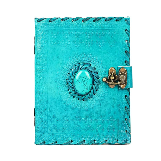 Leather Journal Large Writing Notebook Handmade Bound Vintage Journal For Women & Men with Lock/Semi-Precious Stone Gift For Art Sketchbook (7 x 5 Inches)